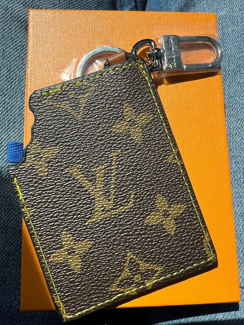Brown Quilted Monogram Keychain Card Holder with Yellow Stitching